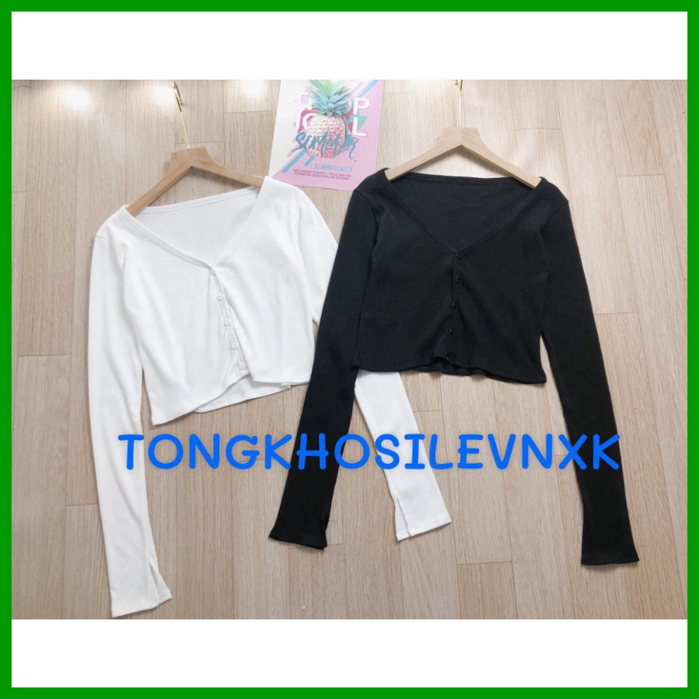 (new) ÁO CROPTOP LEN TĂM DÀI TAY CỔ TIM XẺ TÀ CÚC DỌC - ÁO CROPTOP PHỐI NÚT LỆCH VAI TAY DÀI DÁNG BODY NỮ ĐEN TRẮNG HOT