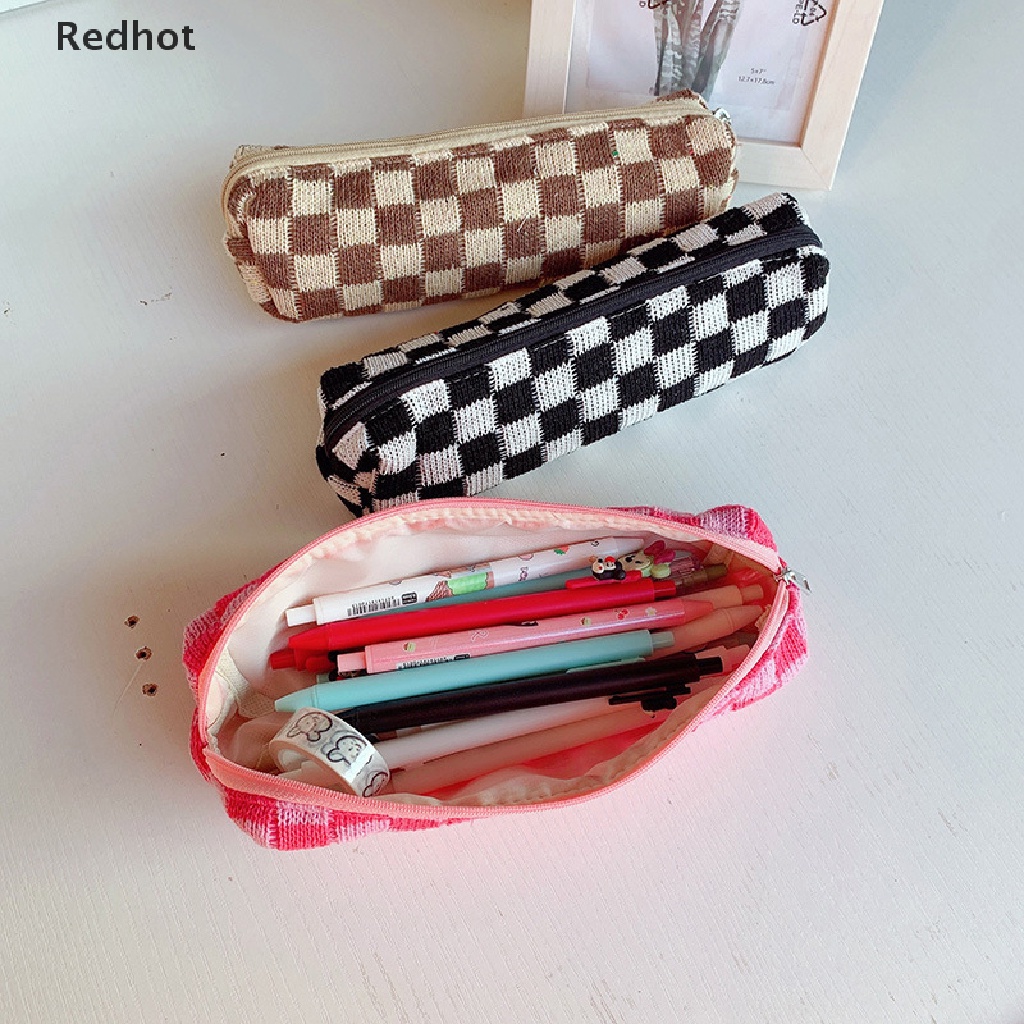 &lt; Redhot &gt; Túi Đựng Bút Chì Mỹ Phẩm Dệt Kim Kẻ Ô Dễ Thương Sức Chứa Lớn Và Sắp Xếp Gọn Gàng Cho Trường Học