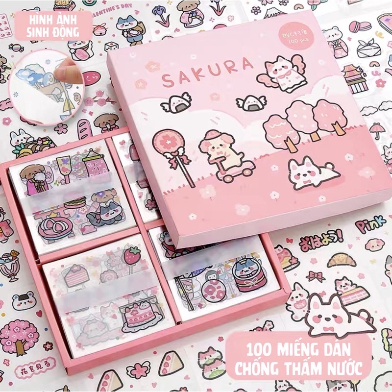 Sticker hộp 100 miếng Sakura cute - Tặng Hình Xăm Dán