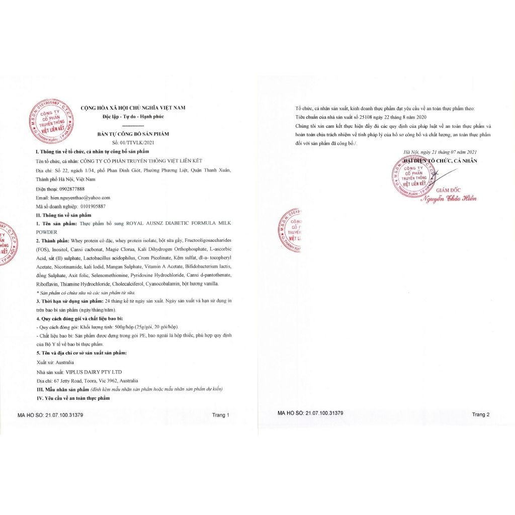 Sữa Bột Hoàng Gia Úc Dành Riêng Cho Người Tiểu Đường Royal Ausnz Diabetic Formula Milk Powder - Hộp 500g