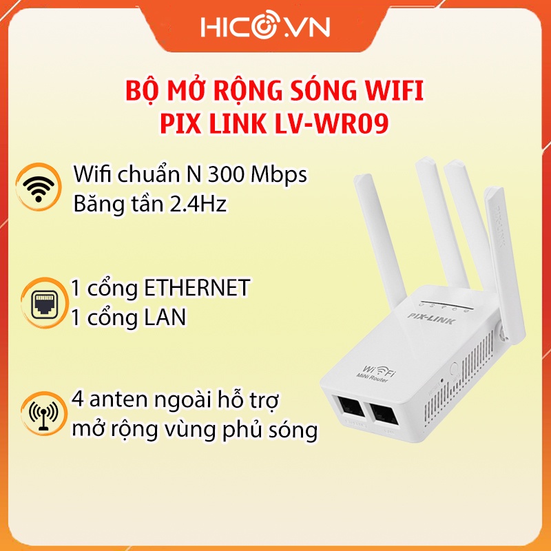 Thiết Bị Mở Rộng Sóng Wifi Pix-LINK 4 Ăng Ten LV-WR09 - Mở Rộng Tín Hiệu Không Dây - Hàng Chính Hãng