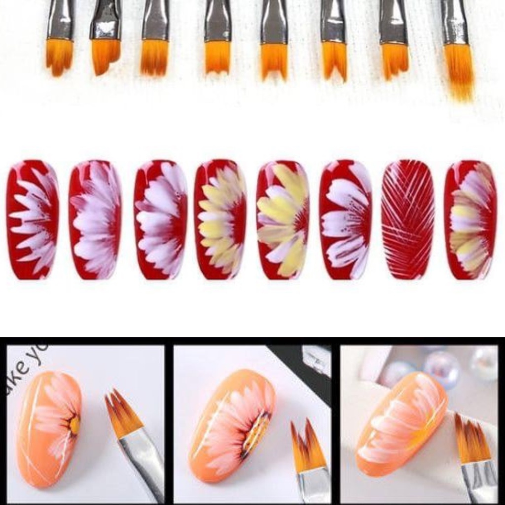 Bộ cọ vẽ móng tay nail 8 cây , Cọ vẽ hoa cúc trang trí móng nail sét cao cấp