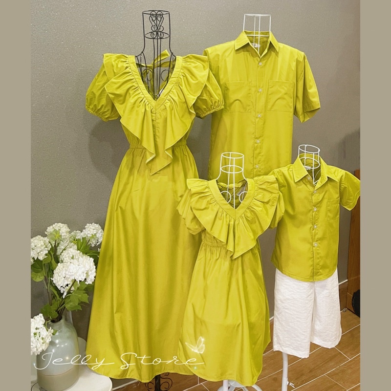 Set Gia Đình cổ bèo xanh bơ, thắt nơ sau, chun eo xinh xắn, kèm ảnh thật