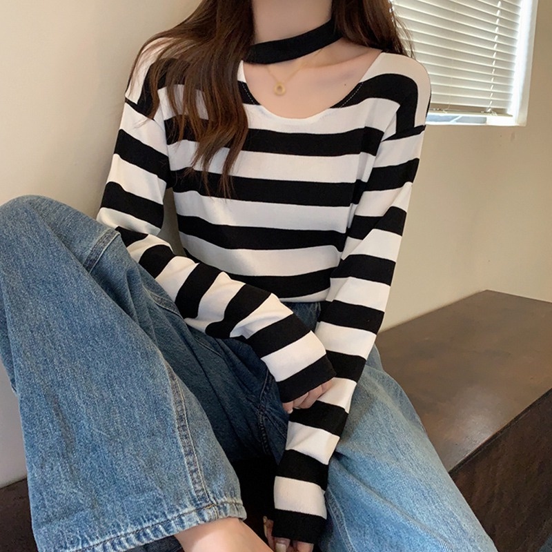 Áo Sweater Tay Dài Hoạ Tiết Kẻ Sọc Thời Trang Xuân Thu Cho Phái Nữ