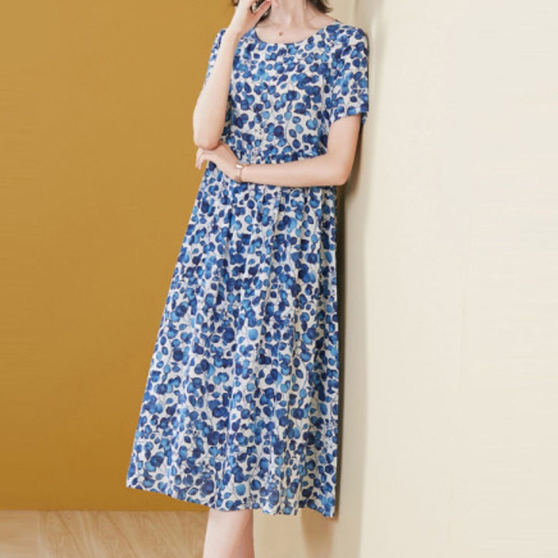 Đầm Midi Tay Ngắn Cổ Tròn In Họa Tiết Hoa Thời Trang Mùa Hè Xinh Xắn Cho Nữ