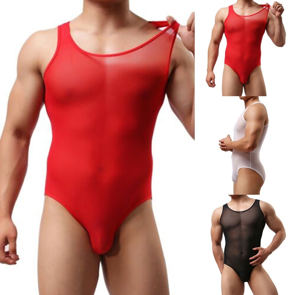 Men Leotard Black/White Bodysuit Sheer Sleeveless Jockstrap Bulge Pouch Brief Underwear