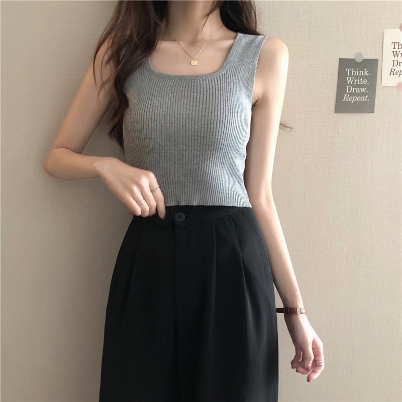 ZHELIHANGFEI Áo Croptop Dệt Kim Hai Dây Không Tay Lưng Cao Gợi Cảm Cho Nữ