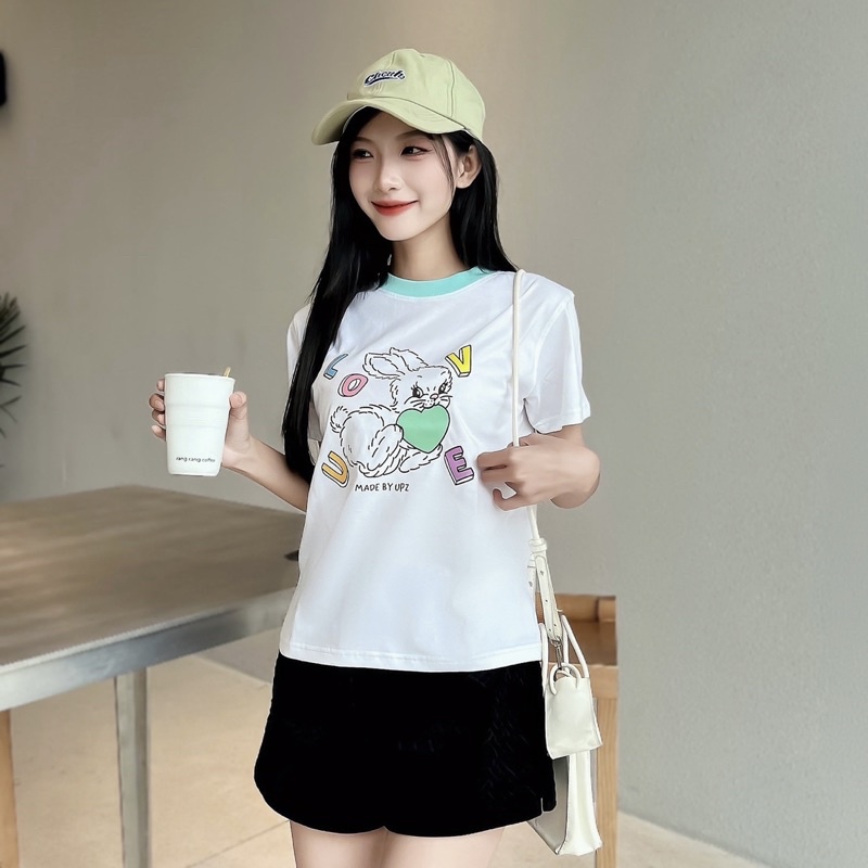 UPZ Áo Thun Baby Tee Tay Ngắn Phối Cổ Màu In Hoạ Tiết Thỏ/Mèo Vintage