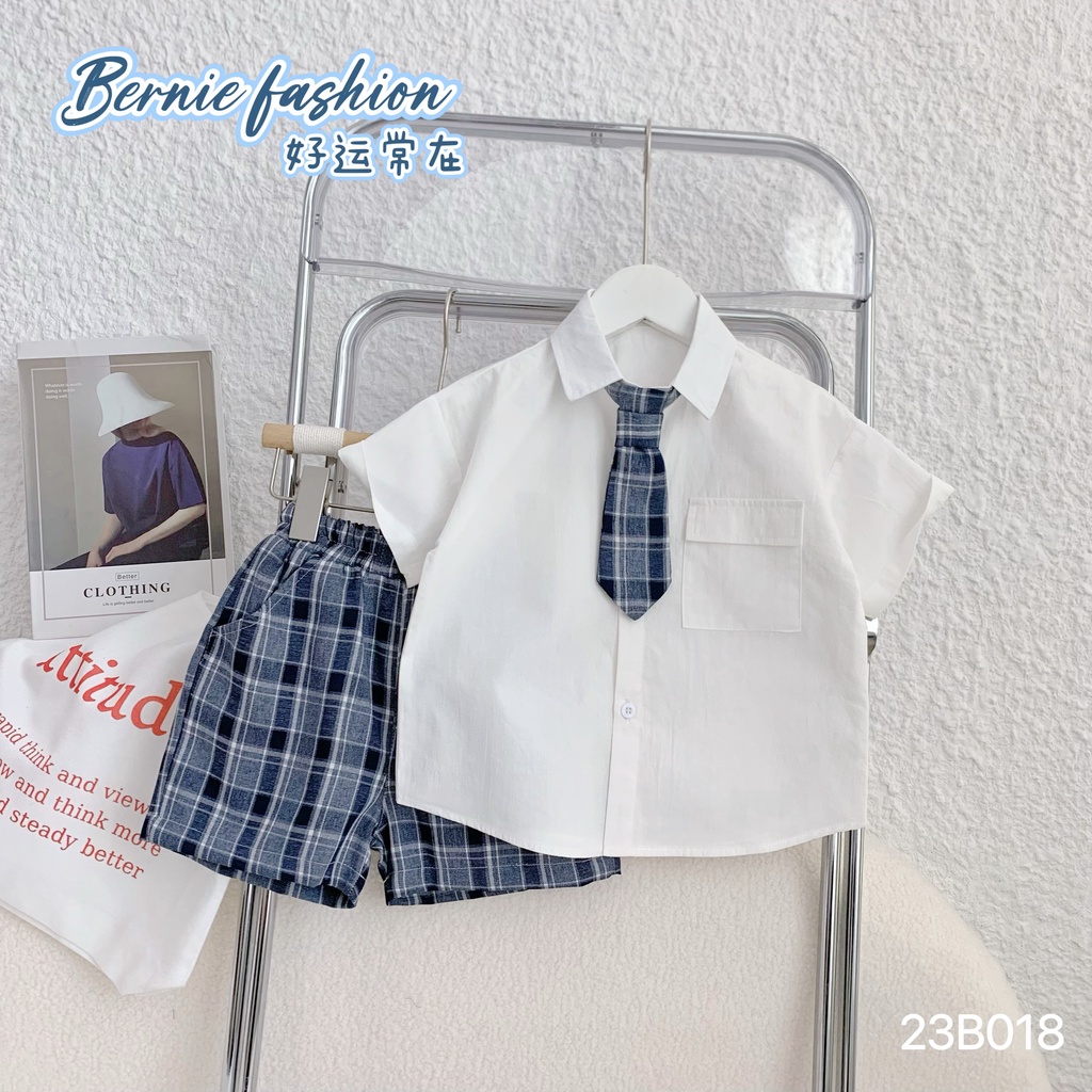 Set sơ mi cộc tay quần kẻ Bernie kèm cà vạt cho bé