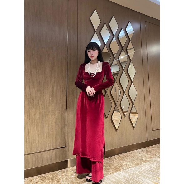 N03-Áo dài Nhung cổ vuông kèm ảnh thật/ Áo dài Lynka88