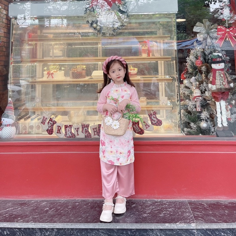 Áo Dài Cách Tân Tơ Hoa Kèm Mấn Cho Mẹ Và Bé Gái 4 Đến 64kg