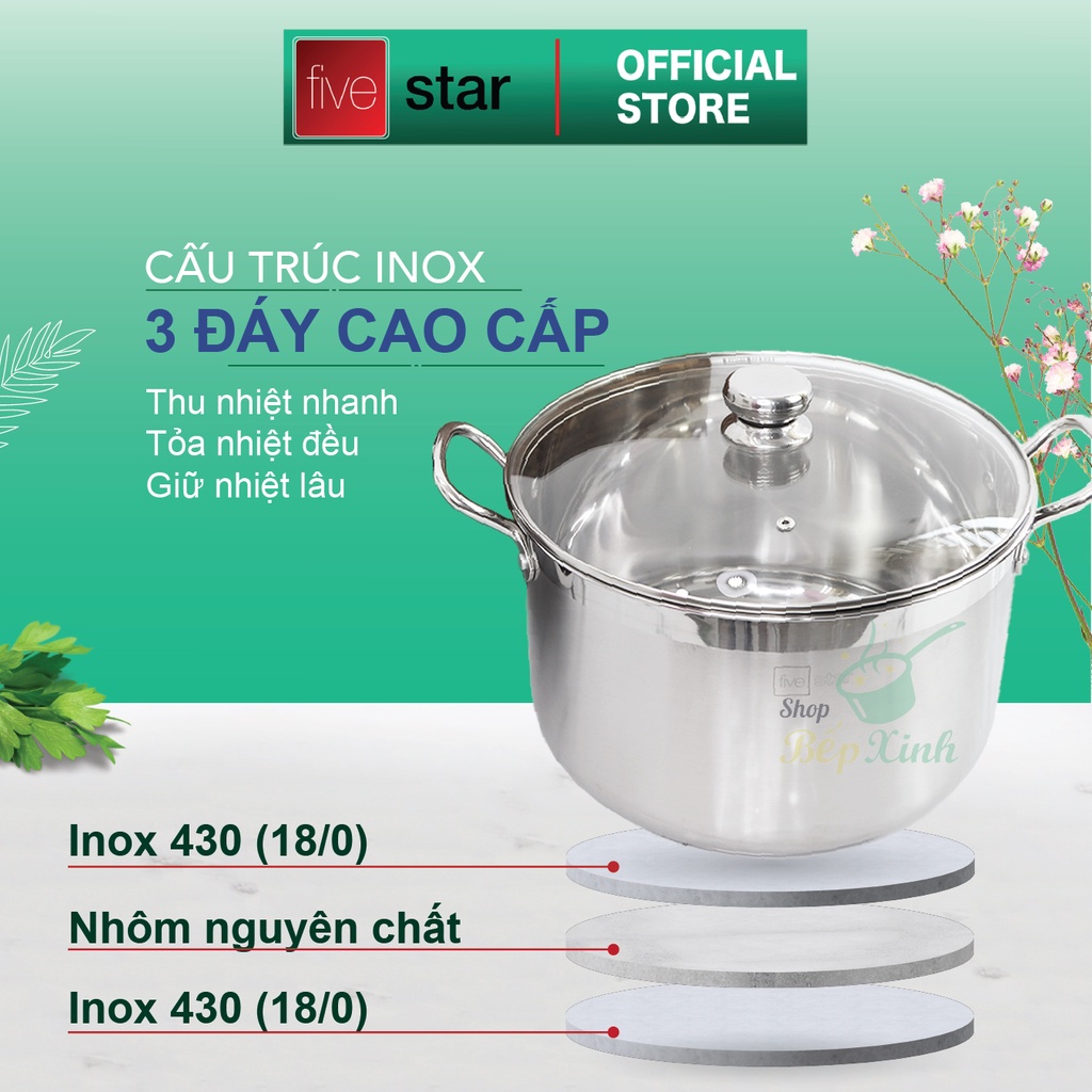 Nồi luộc gà inox 430 cao cấp Fivestar Standard nắp kính 30cm, 3 đáy dùng được bếp từ , hồng ngoại , gas