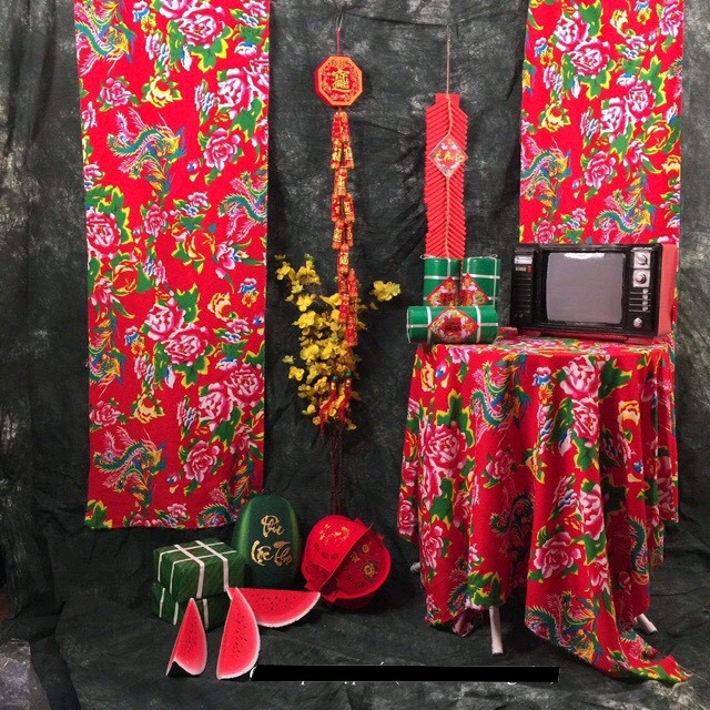 Vải con công triện đỏ trang trí TẾT vintage, trải bàn , decor phông nền chụp ảnh tết