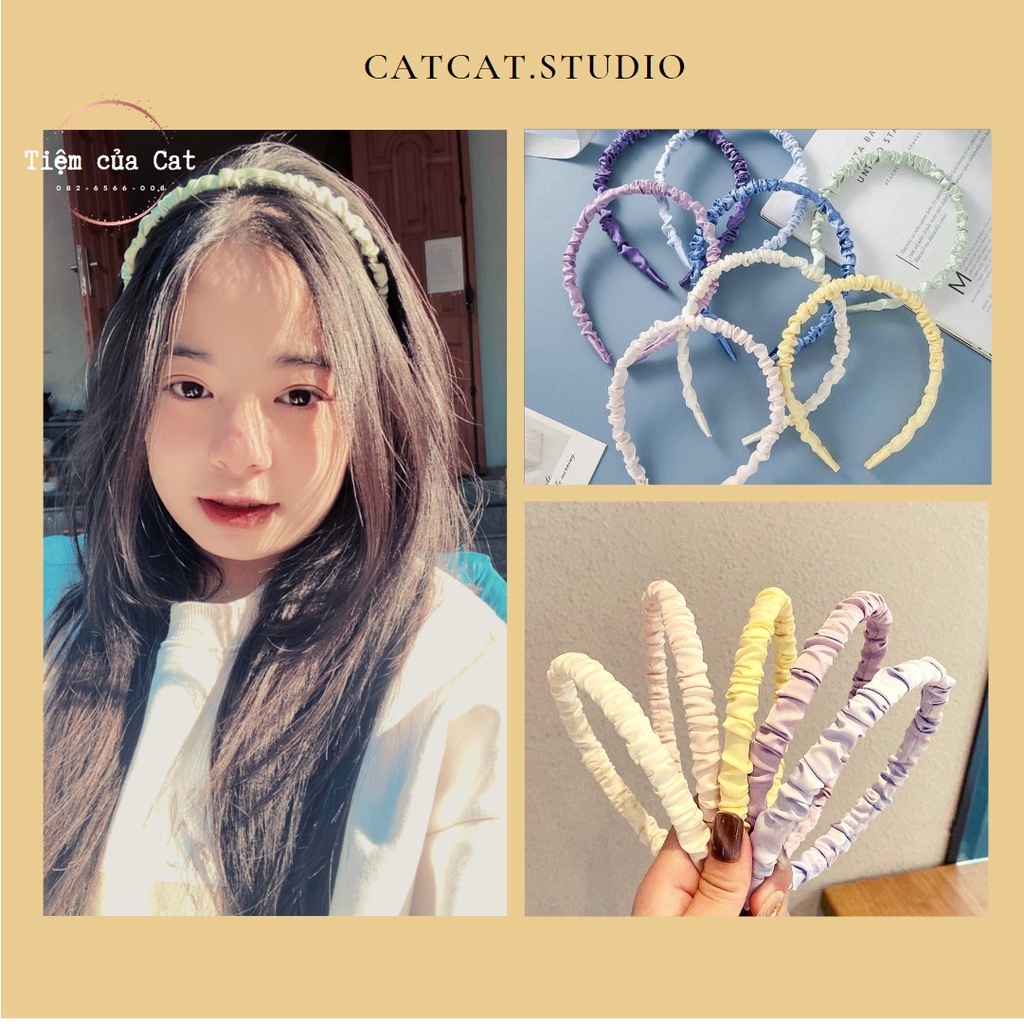 Bờm cài tóc vải nhún bằng lụa satin, băng dô phong cách Hàn Quốc