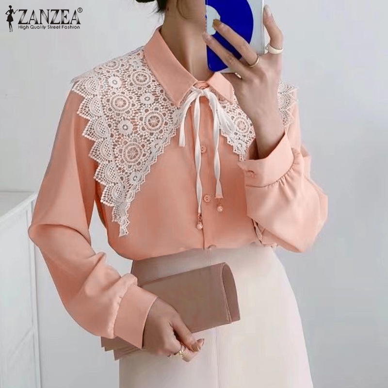 Áo sơ mi ZANZEA tay dài cổ ren có thể tháo rời thời trang cho nữ