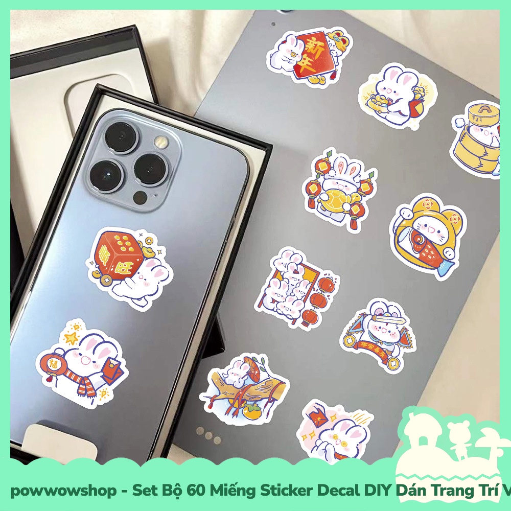 [Sẵn VN - Hỏa Tốc] Set Bộ 60 Miếng Sticker DIY Chống Thấm Nước Dán Trang Trí Vật Dụng Phong Cách Hoạt Hình Thỏ Tết