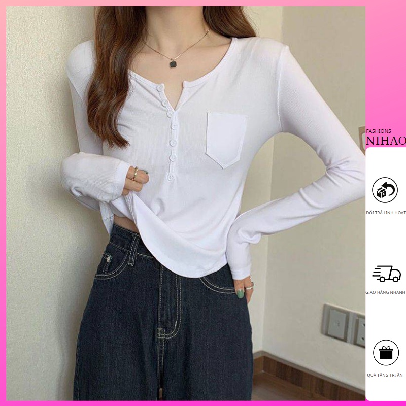 Áo Thun Nữ Tay Dài Nihao VẠT BẦU CÀI NÚT Nữ Có Túi, Form Ôm Áo Thun Basic Dáng Dài Chất Thun Gân