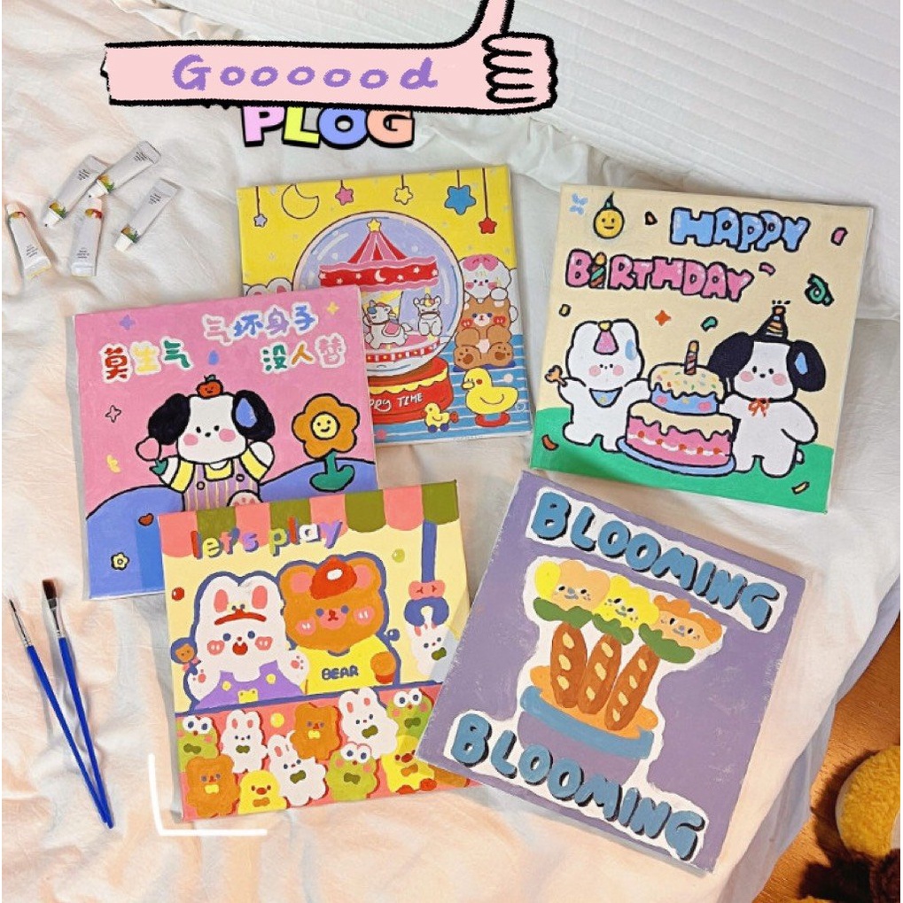 Tranh tô màu có khung treo vẽ theo số mini hình thú cưng và hoa lá cute dễ thương trang trí decor xinh cho bé học sinh