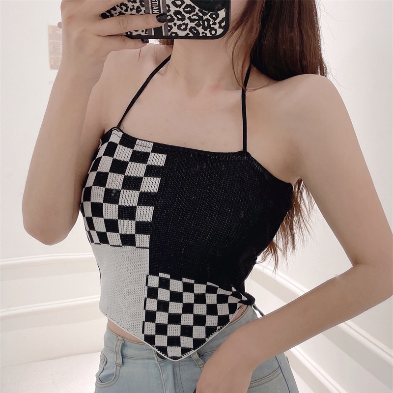 Áo Dệt Kim Hai Dây Dáng Ngắn Họa Tiết Sọc Caro Màu Sắc Tương Phản Quyến