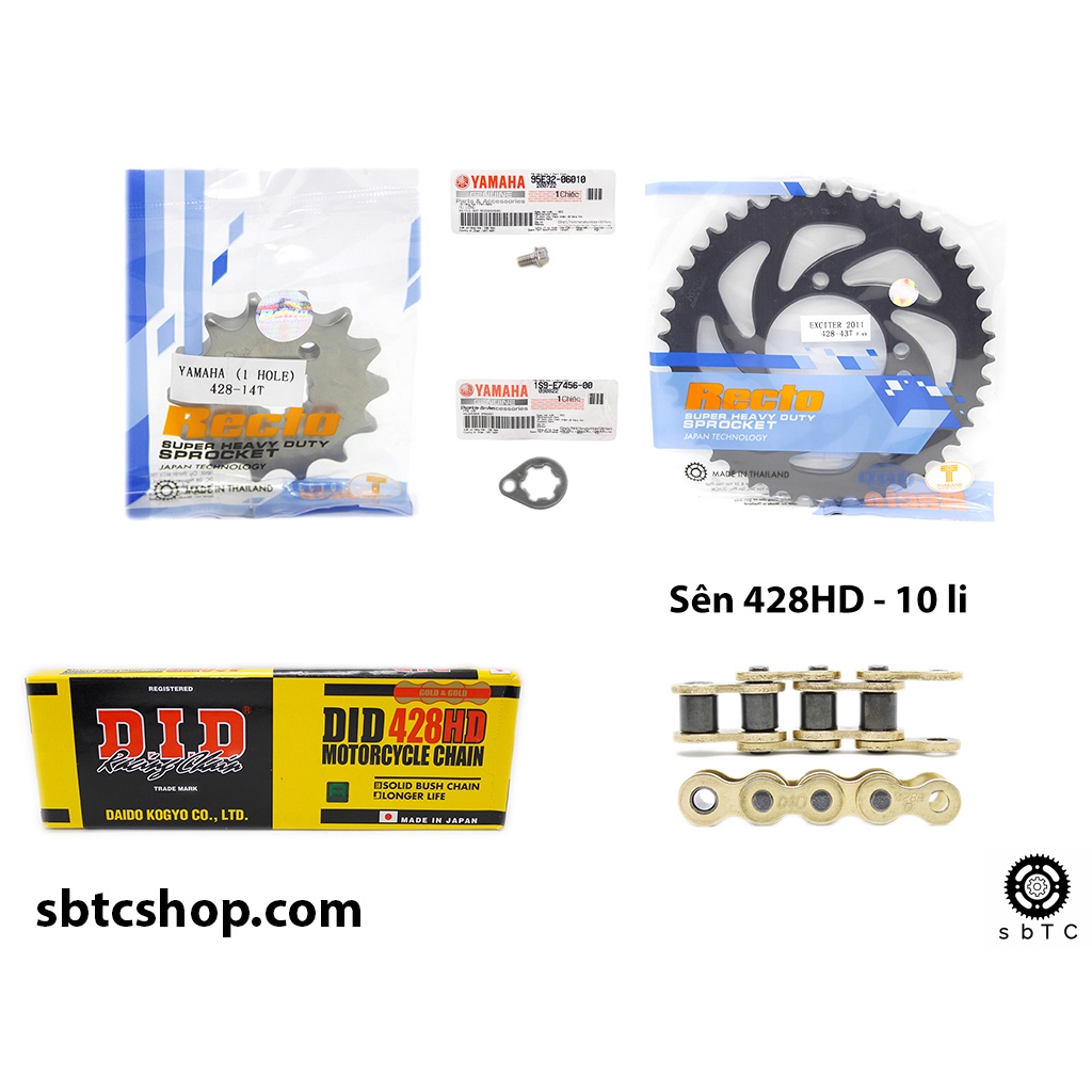 NSD Nhông dĩa RECTO sên DID vàng 428HD 10 li ly Yamaha YB125 chính hãng
