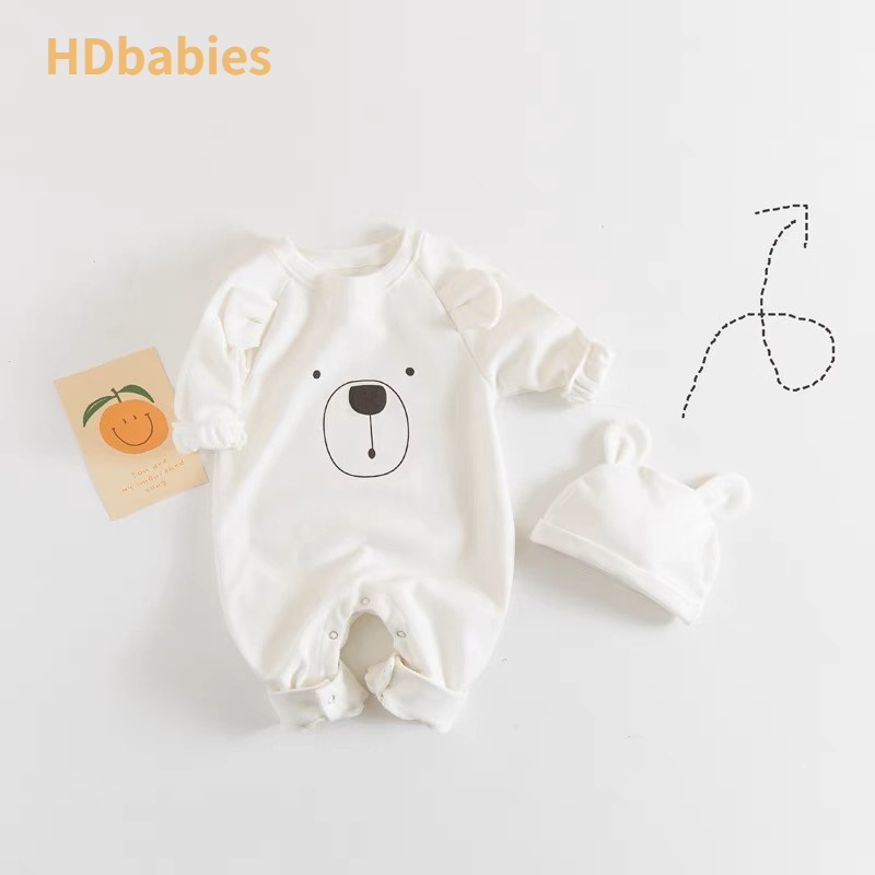 HDbabies Áo liền quần cho trẻ sơ sinh Bé trai bé gái mềm mại thoáng khí dễ thương in hình gấu với nút chụp