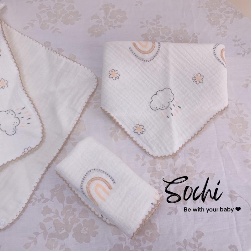Set 3 khăn yếm giác đa năng vải xô muslin có khuy điều chỉnh họa tiết đáng yêu cho bé SoChi_Kids