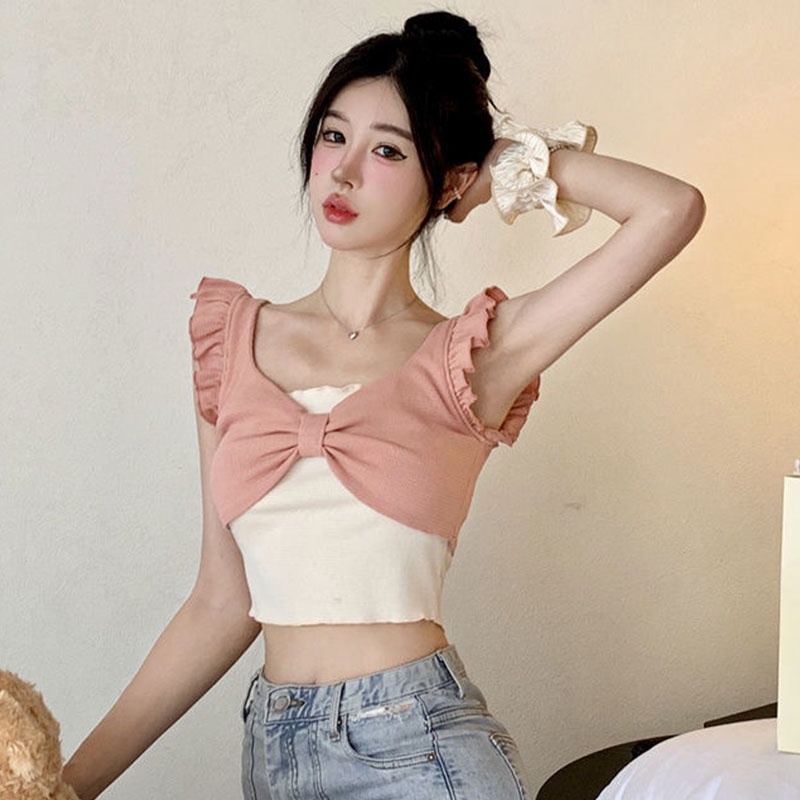 Áo Giả Hai Lớp Thắt Nơ Phong Cách Hàn Quốc Thời Trang Cho Nữ