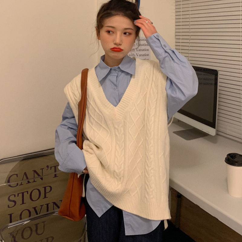 Áo Sweater Dệt Kim Sát Nách Dáng Rộng Giả Nhiều Lớp Thời Trang Xuân Thu Cho Nữ