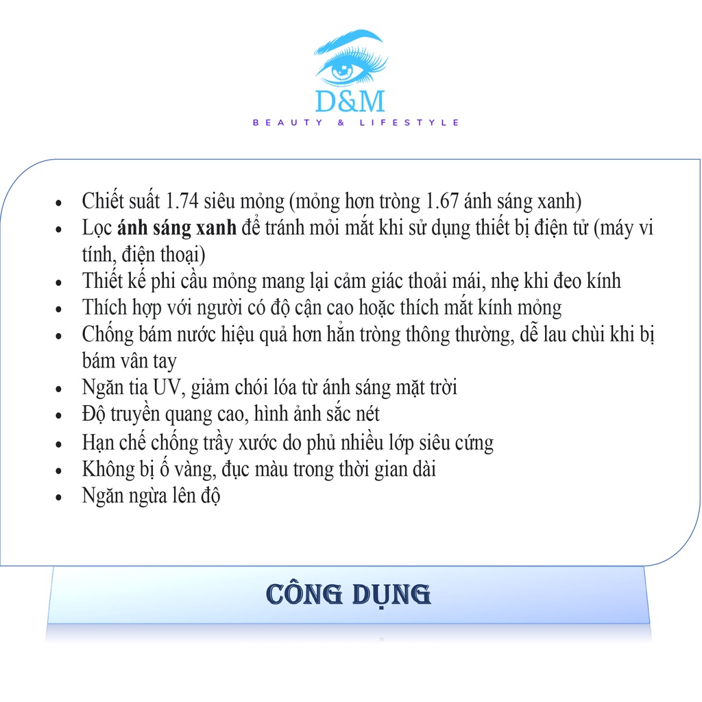 Tròng kính độ Cận 1.74 cắt ánh sáng xanh