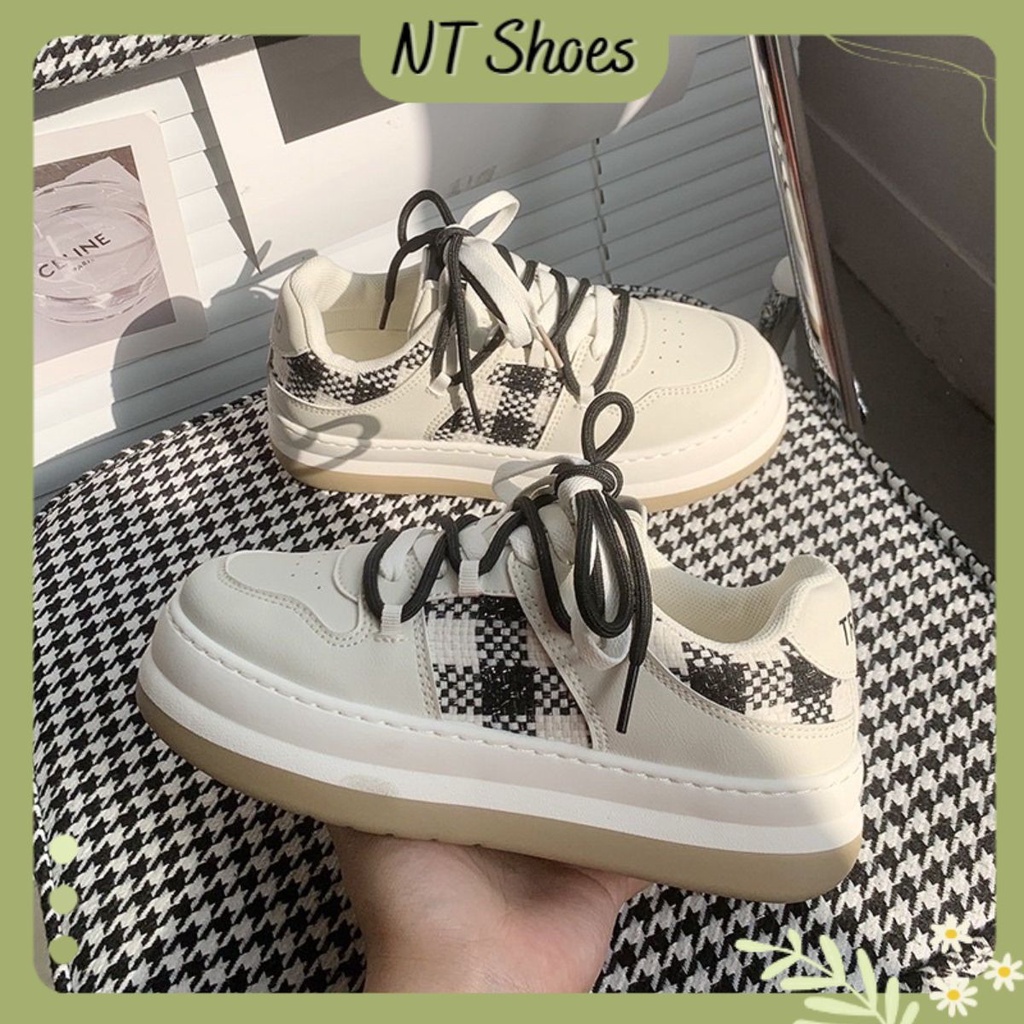 Giày sneaker thể thao unisex da phối vải canvas sọc caro cổ thấp đế bánh mì G12_NT Shoes