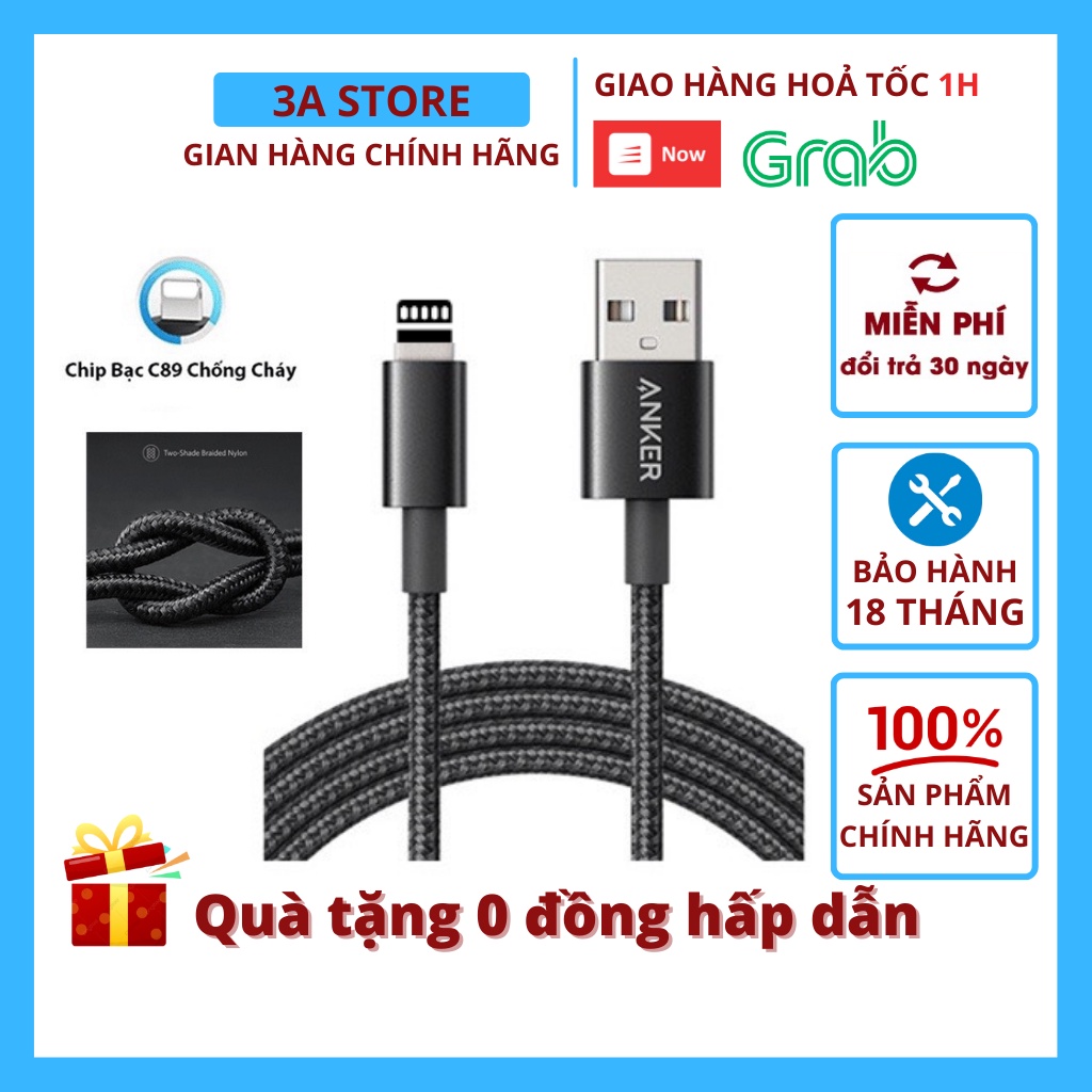 Dây sạc Anker A8152 A8153 1m 1.8m chip bạc C89 usb a to lighting sạc nhanh sạc dự phòng tai nghe bluetooth ốp 3astore