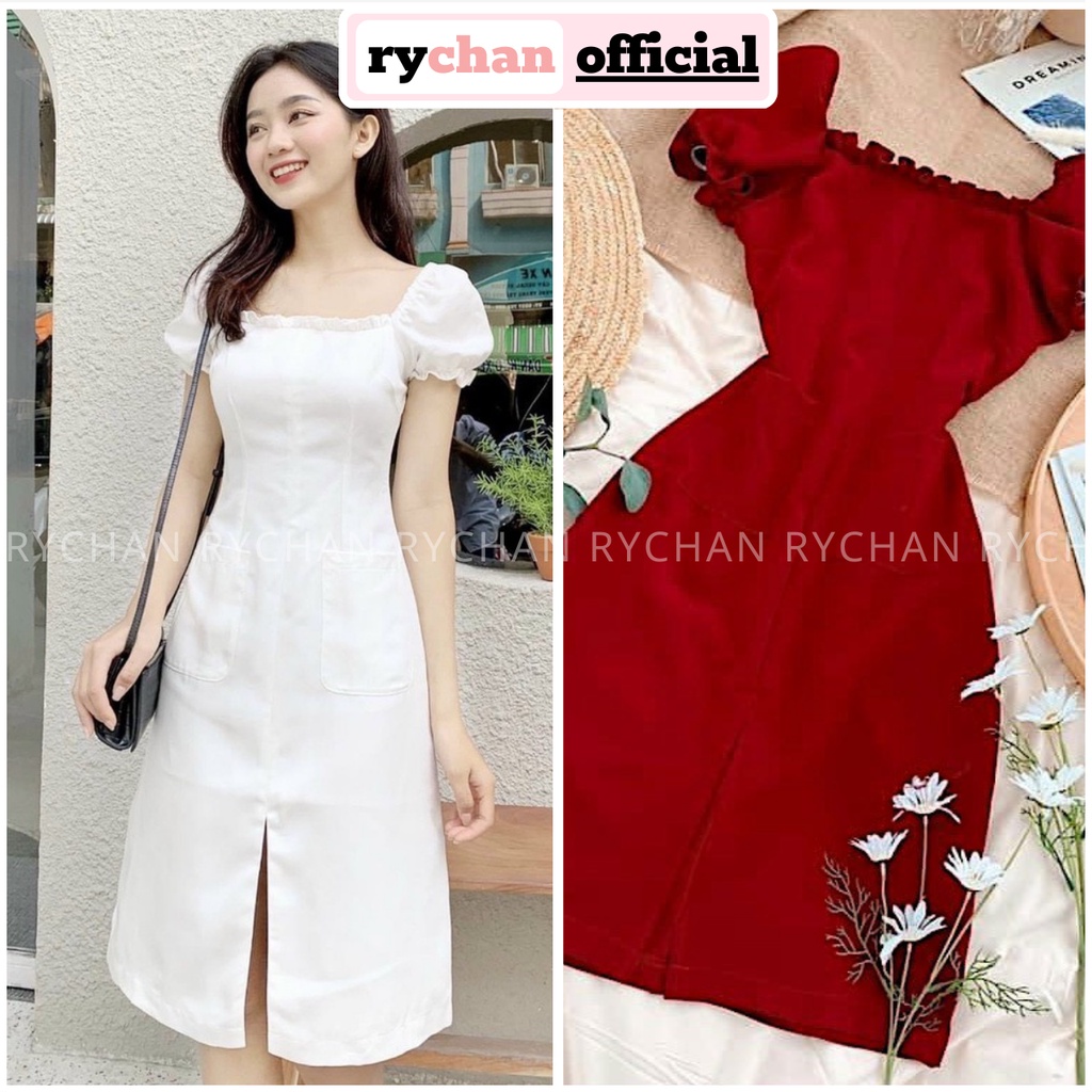 Đầm Xòe Cổ Vuông Viền Bèo Chiết Eo Xẻ Trước 3 Màu Trắng Nude Đỏ [Ảnh Thật Cuối] - DX0099