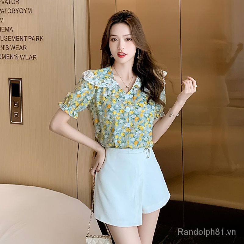 Áo Sơ Mi Chiffon Tay Phồng Cổ Búp Bê Phối Ren Hoa Thời Trang Mùa Hè 2023 Dành Cho Nữ