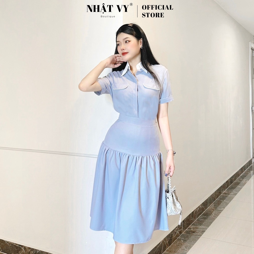 Set đi chơi Nhật Vy áo sơ mi tay ngắn kèm chân váy dáng xoè dài chất cotton phù hợp công sở cafe sang chảnh - D2539