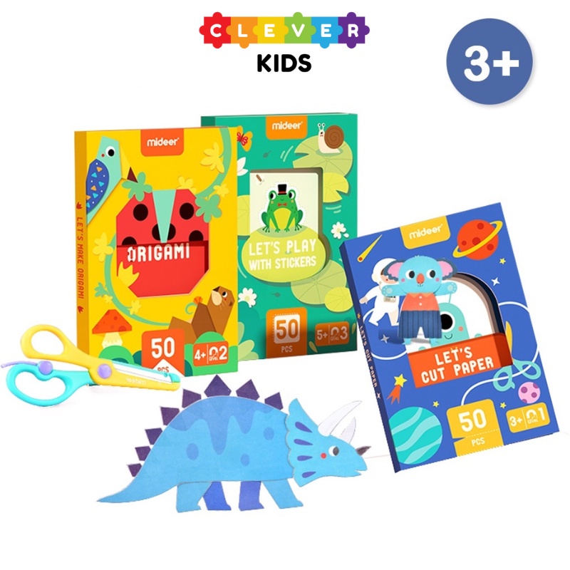 Bộ Đồ Chơi Giấy Gấp Origami, Cắt Giấy, Giấy Màu Thủ Công Stickers 3 Cấp Độ Mideer - CleverKids