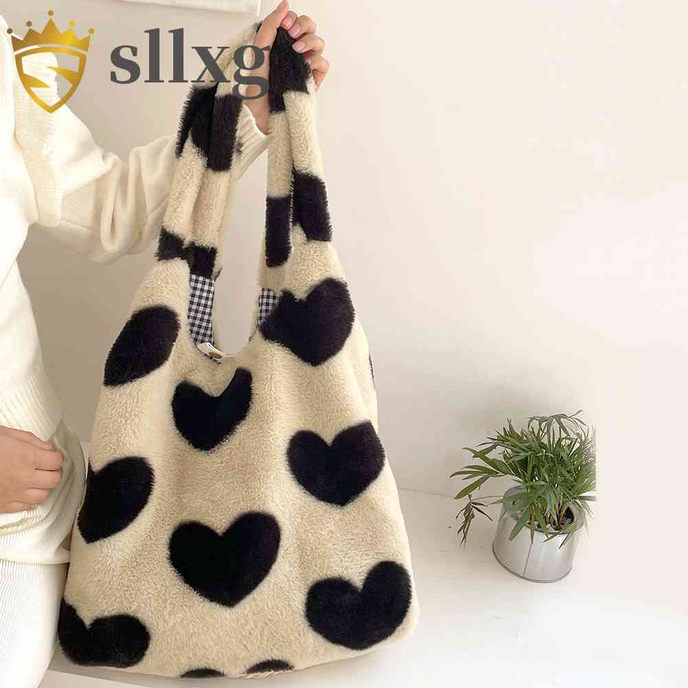 Túi Tote Đeo Vai Mùa Đông Kích Thước Lớn Họa Tiết Trái Tim Bằng Vải Lông