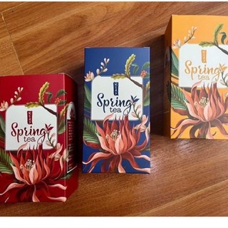 Vỏ hộp chè trà Spring đỏ xanh vàng đẹp