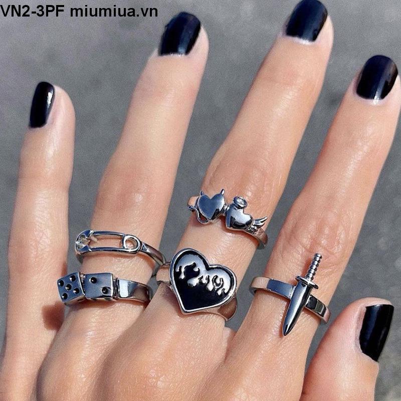 INS Nhẫn kim loại cổ điển Bộ 5 mảnh Retro cho nam và nữ