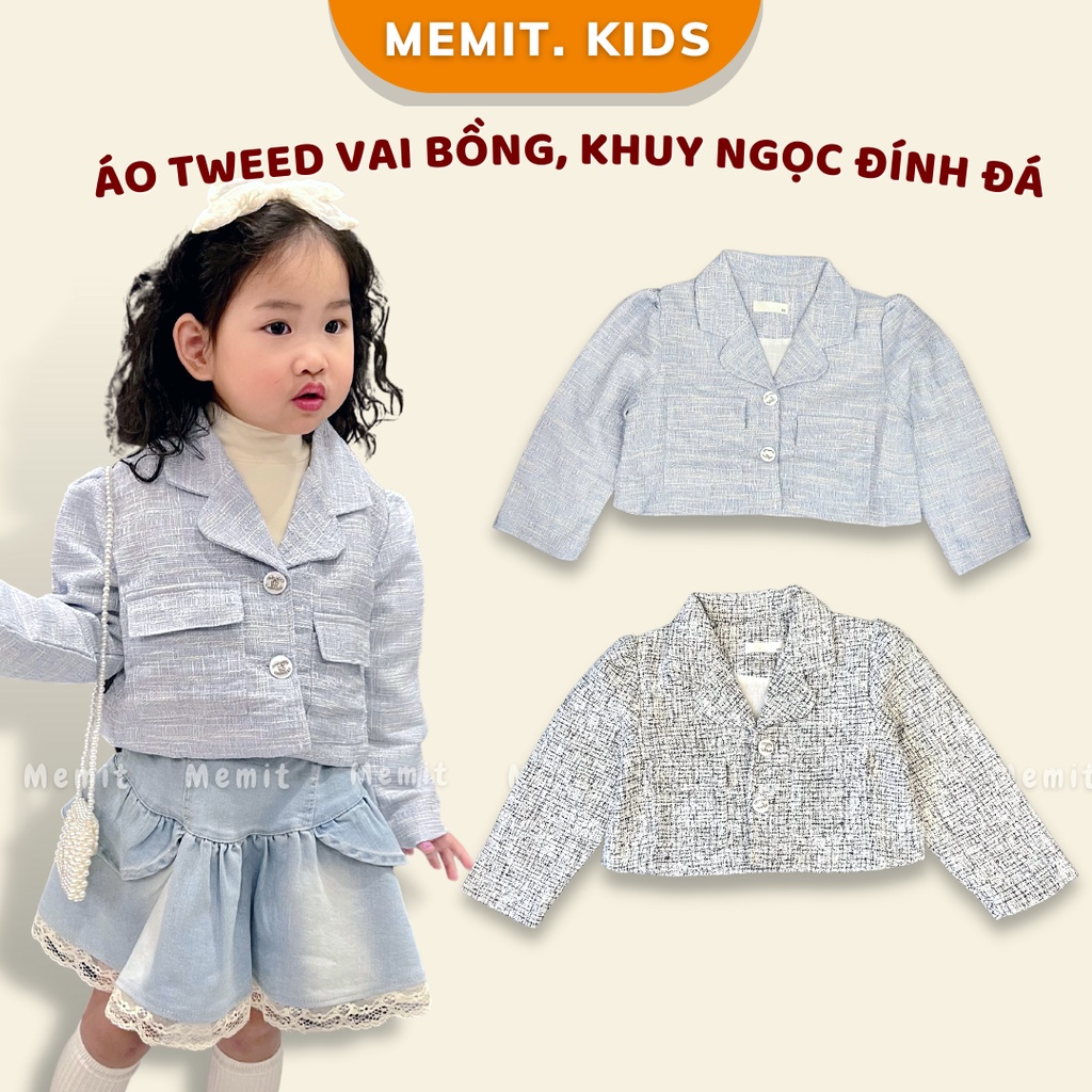 _MEMIT_áo vải tweed tay bồng tiểu thư, cúc ngọc đính đá, chất đẹp