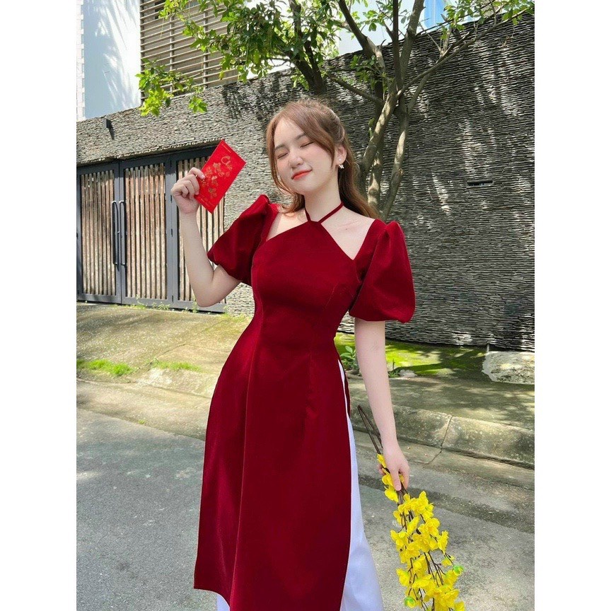 Áo Dài Cách Tân Nữ Nhung Hàn Cổ Yến Tay Phồng Siêu Trắng Da