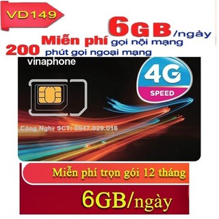 Sim Vina VD149 4G truy cập tốc độ cao 180GB/tháng free gọi nội ngoại mạng trọn gói 12 tháng