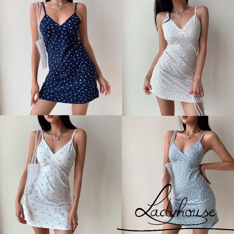 Đầm Hai Dây Mỏng Mùa Hè In Họa Tiết Hoa Có Thể Điều Chỉnh Cổ Chữ V Cho Nữ