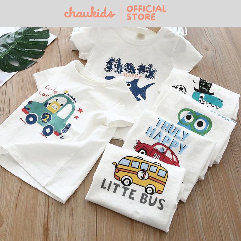 Áo Thun Cộc Tay Cho Bé Trai Minky Mom Vải Cotton 100% Trắng Basic Họa Tiết Khủng Long Ô Tô MKMA2110