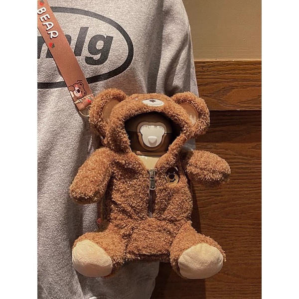 HÀNG CÓ SẴN Bình nước giữ nhiệt Losto gấu dâu 450ml tặng kèm túi gấu lông