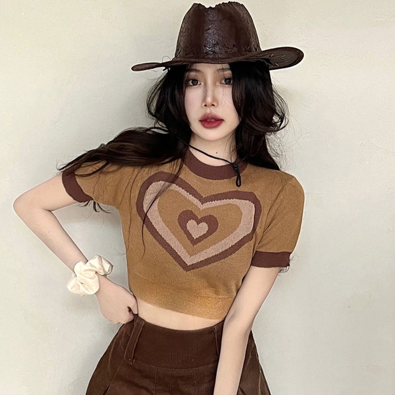 Áo croptop XINLANYASHE dệt kim tay ngắn in họa tiết thời trang Hàn Quốc cho nữ