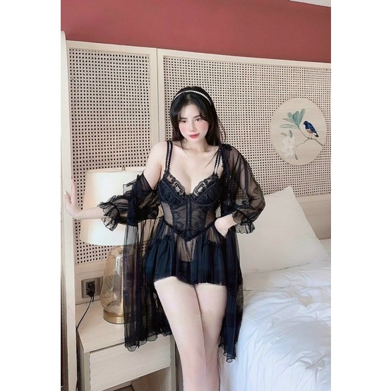 ♥️Hàng QC♥️Sét váy ngủ kèm áo choàng ren cao cấp_Thanhhien997_xuyên thấu 758.