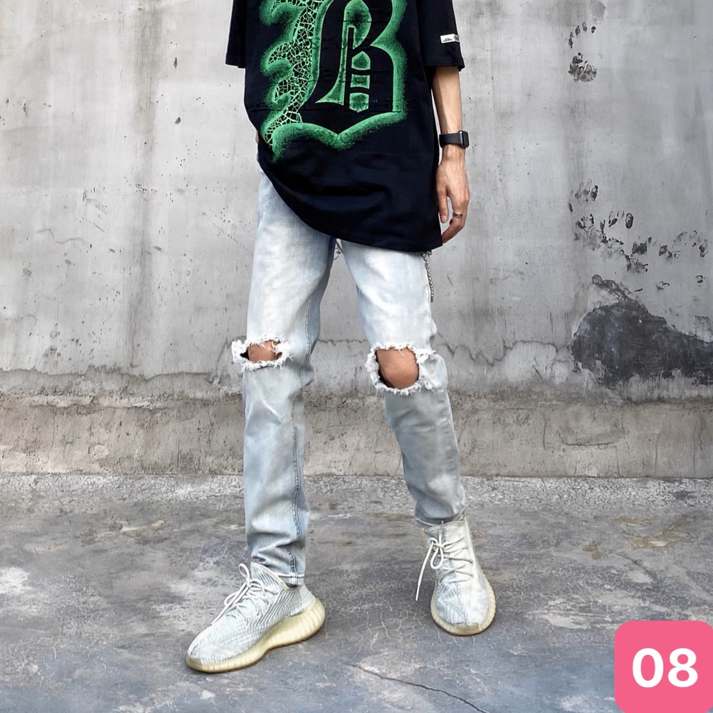 Quần jean nam màu xanh nhạt rách gối chất bò cao cấp co dãn 4 chiều cực đẹp, quần rin nam HD33 Mẫu Hot