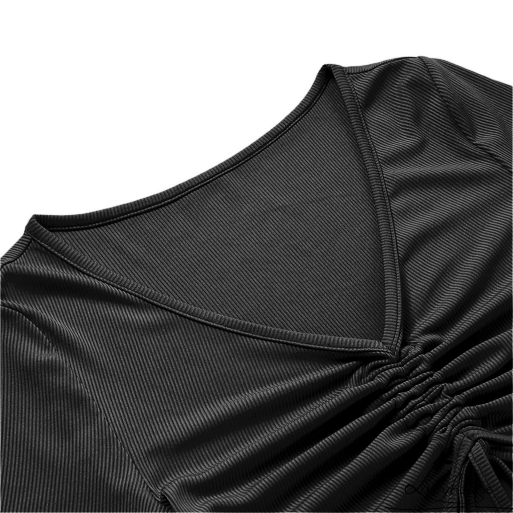 Đầm Dài Dệt Kim Tay Ngắn Cổ Chữ V Màu Trơn Thiết Kế Dây Rút Xẻ Tà Thời Trang Mùa Hè Cho Nữ