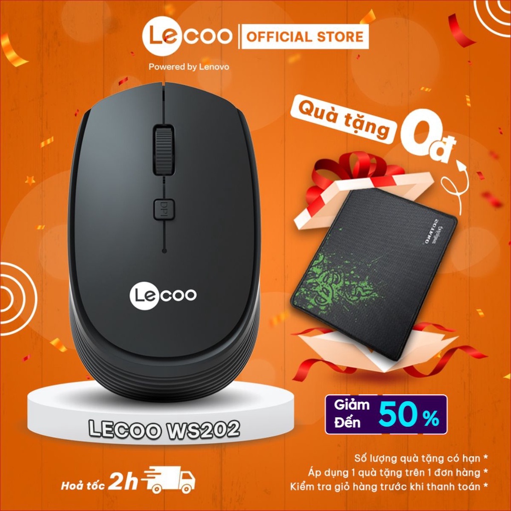 Chuột máy tính không dây Lecoo WS202, thiết kế nhỏ gọn, 3 độ phân giải DPI khác nhau