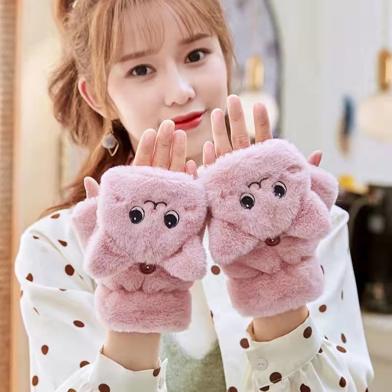 Găng Tay Hở Ngón Hình Mèo Bông Mềm Mại Phong Cách Hàn Quốc Cho Nữ